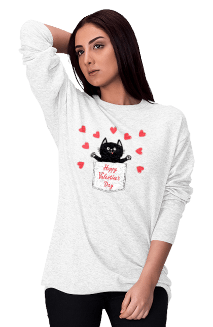 Світшот жіночий з принтом "Кіт у кишені, день святого Валентина". День святого валентина, кишеня, кіт, котик, любов, парні футболки, почуття, серце. CustomPrint.market