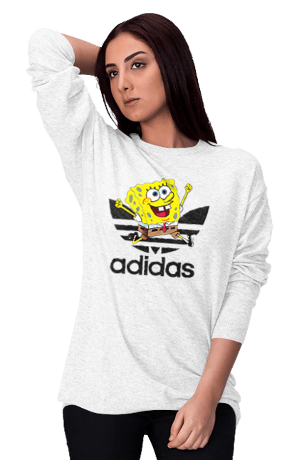 Свитшот женский с принтом Adidas Губка Боб. Adidas, spongebob, адидас, баскетбол, губка боб, мультик, мультсериал, мяч, спанч боб, спорт. 2070702