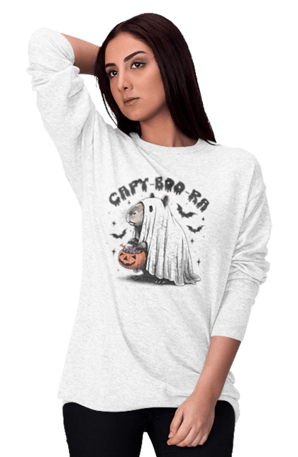 Women's sweatshirt with prints Capybara Halloween. Animal, capybara, ghost, halloween, holiday, moon, pumpkin, rodent. 2070702