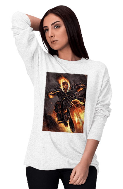 Світшот жіночий з принтом "Пекельний Гонщик". Вогонь, мотоцикл, пекельний гонщик, скелет, чоппер. 2070702