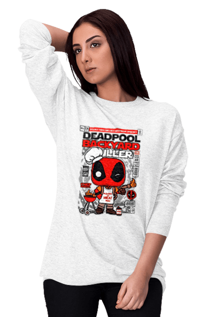 Світшот жіночий з принтом "Deadpool Backyard Griller". Басейн, герой, дедпул, дивуватися, комікси, мем, мертвий, плівка. Funkotee