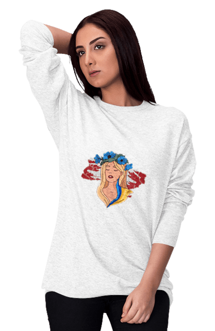 Світшот жіночий з принтом "Дівчина на карті України". Дівчина, дівчина на карті, жовтий, карта україни, квіти, прапор, синій, україна, червоний. 2070702