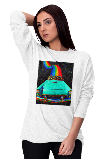 Світшот жіночий з принтом "Картина, машина у космосі". Веселка, картина, космос, машина, подорожі, поїздка, прикол, ретро. 2070702