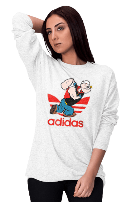 Світшот жіночий з принтом "Adidas Моряк Попай". Adidas, popeye the sailor, адідас, комікс, моряк, мультфільм, серіал, трубка. 2070702