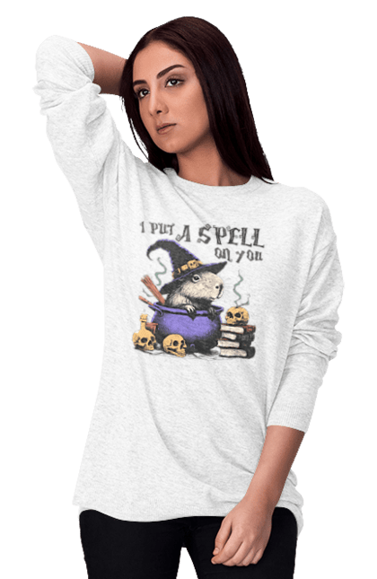 Women's sweatshirt with prints Capybara Halloween. Animal, capybara, ghost, halloween, holiday, moon, pumpkin, rodent, witch. 2070702