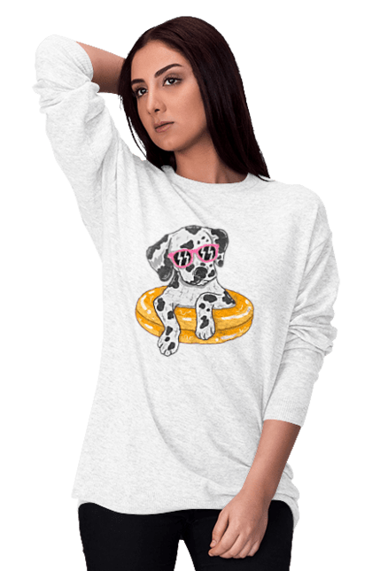 Women`s sweatshirt with prints Dalmatian Swims In A Circle. Dalmatian, dog, glasses, to swim. 2070702