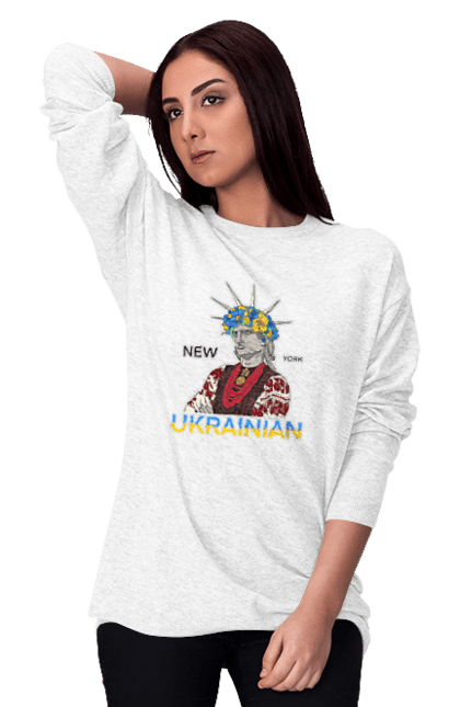 Світшот жіночий з принтом "UA & NY". Вишиванка, вінок, нью йорк, статуя свободи, україна. 2070702