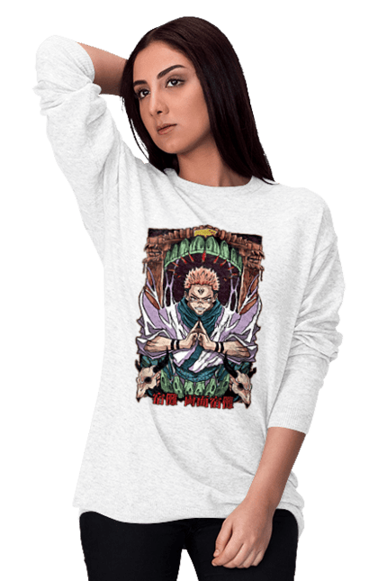 Women's sweatshirt with prints Jujutsu Kaisen Sukuna. Anime, dark fantasy, jujutsu kaisen, magic battle, manga, mystic, sukuna. 2070702