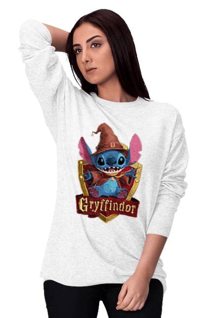 Свитшот женский с принтом Стич Гриффиндор. Gryffindor, harry potter, hogwarts, stich, гарри поттер, гриффиндор, стич, факультет, франшиза, хогвартс. 2070702