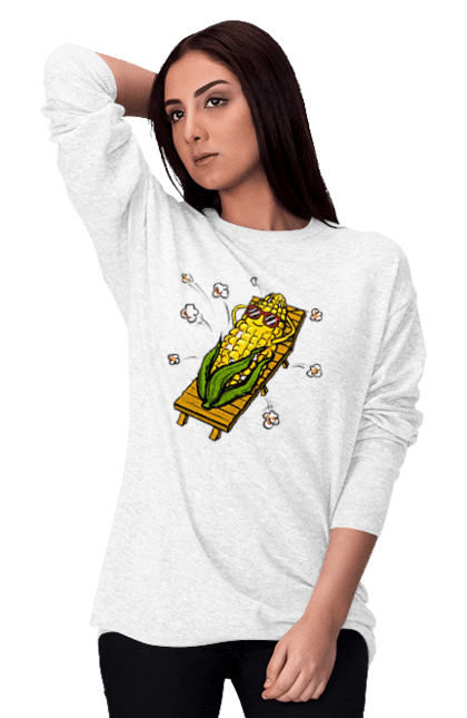 Свитшот женский с принтом Кукуруза Загорает На Лежаке. Кукуруза, лежак, попкорн. 2070702