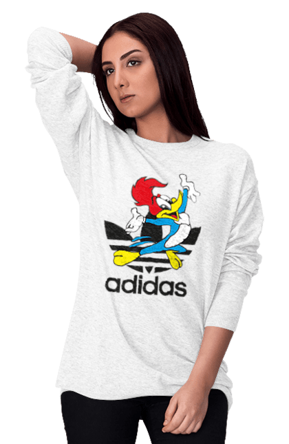 Свитшот женский с принтом Adidas Вуди Вудпекер. Adidas, woody woodpecker, адидас, вуди, вуди вудпекер, дятел вуди, мультсериал. 2070702