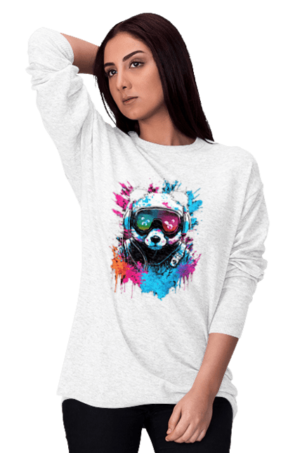 Світшот жіночий з принтом "Панда в VR шолом". Віртуальна реальність, гік, панда, персонаж, шолом. 2070702