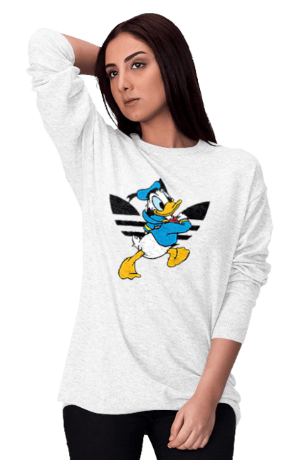 Свитшот женский с принтом Adidas Дональд Дак. Adidas, daisy duck, donald duck, адидас, дейзи дак, дональд дак, мультсериал, мультфильм. 2070702