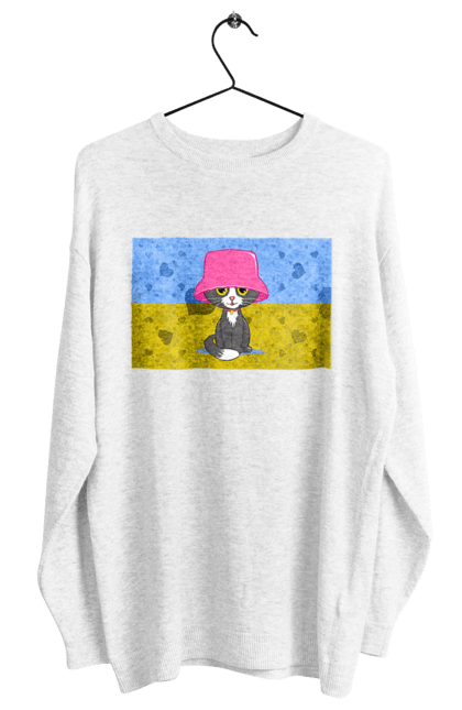 Світшот жіночий з принтом "Кіт в розовій панамі на тлі прапора України". Калуш, кіт, кіт в панамі, панама калуша, прапор україни, розова панама, розова панома. ART принт на футболках