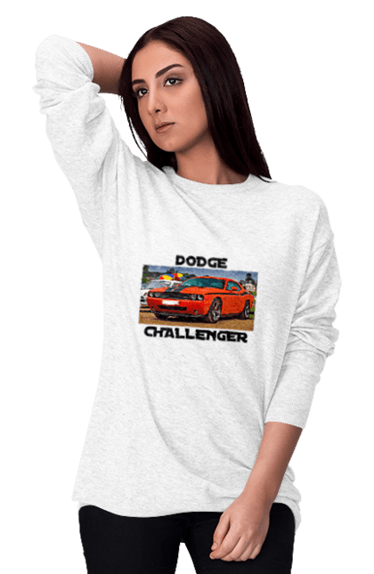 Women`s sweatshirt with prints Dodge challenger. Auto, car, classic car, cult car, dodge challenger, oil car, powerful car. 2070702