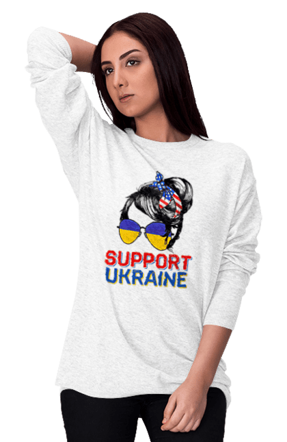 Світшот жіночий з принтом "Підтримай Україну Український Прапор США". Америка, жовто-блакитний, жовто-блакитний прапор, підтримай україну, прапор україни, сша, україна, українка, український прапор. Print Shop