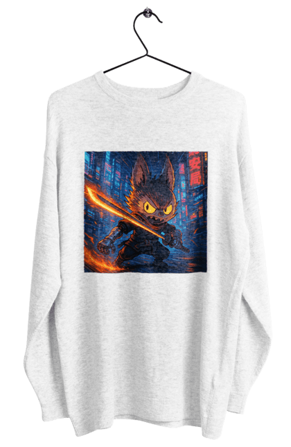 Світшот жіночий з принтом "Лабубу". Аніместиль, дія, катана, кіберніндзя, кіберпанк, лабубу, меч, неонове місто, очі` що світяться. 2070702