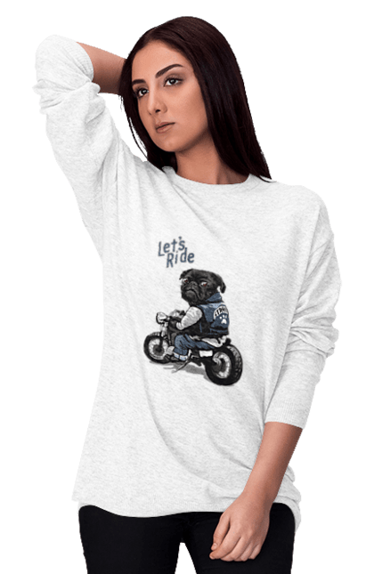Світшот жіночий з принтом "Мопс на мотоциклі". Байкер, мопс, мотоцикл, собака, тварини. 2070702