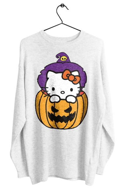 Свитшот женский с принтом Хелло Китти Хэллоуин. Halloween, hello kitty, witch, бренд, ведьма, кот, котенок, персонаж, хелло китти, хэллоуин. 2070702