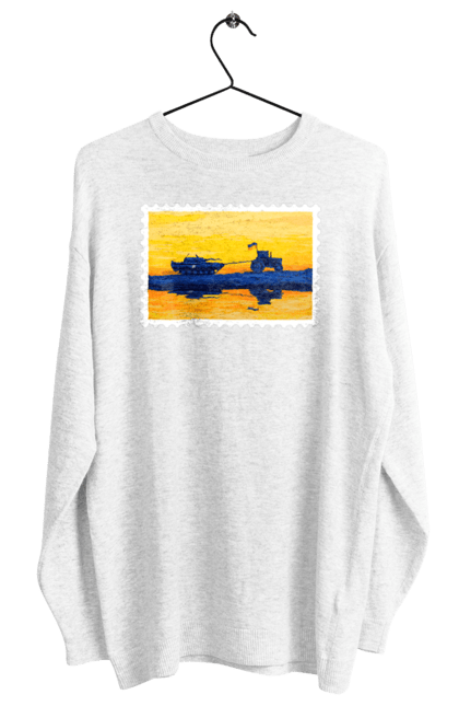 Світшот жіночий з принтом "Нова марка, трактор що тягне танк". Добрий вечір, доброго вечора, марка, марка україни, марка укрпочта, ні війні, трактор тягне танк, тракторні війська, укрпочта. 2070702