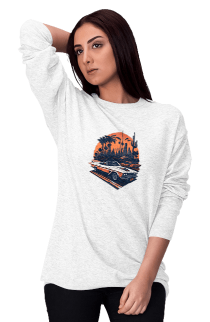 Світшот жіночий з принтом "Гарне авто на закаті". Авто, закат, захід сонця, солнце, сонце. 2070702