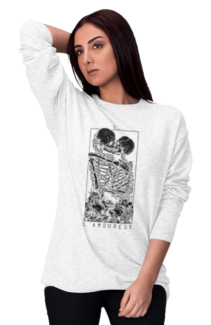 Women's sweatshirt with prints Skeletons in love. Bones, kiss, love, scull, skeletons, tarot, teeth. 2070702