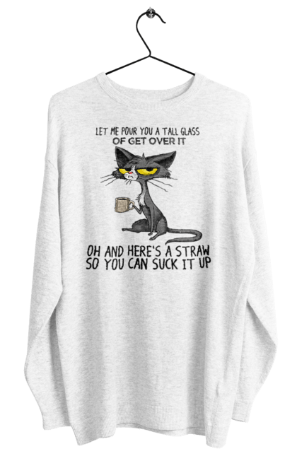 Світшот жіночий з принтом "Як це пережити?". Велика склянка, випий, все відмінно, йди нахуй, кіт і кухоль, налий, роздум, смоктати, як це подолати. 2070702