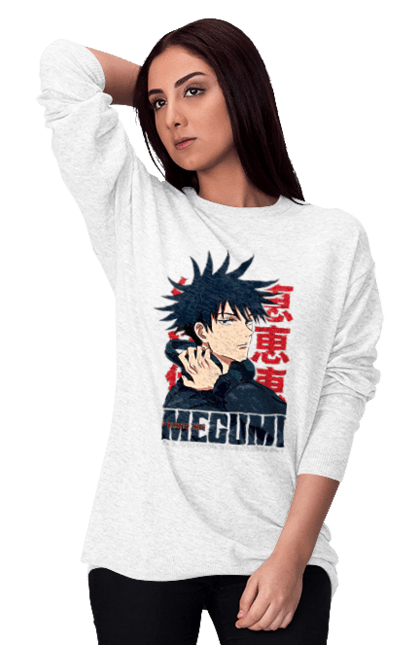 Світшот жіночий з принтом "Магічна битва Мегумі". Anime, fushiguro, fushiguro megumi, jujutsu kaisen, manga, megumi, аніме, магічна битва, манга, мегумі. 2070702