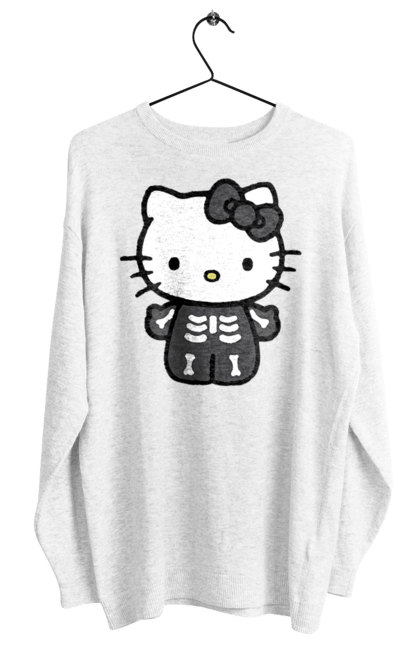 Свитшот женский с принтом Хелло Китти Хэллоуин. Halloween, hello kitty, zombie, бренд, зомби, котенок, персонаж, скелет, хелло китти, хэллоуин. 2070702