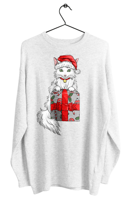 Світшот жіночий з принтом "Котик з подарунком". Білий кіт, кіт, котик, новий рік, подарунок, різдво, санта, шапка санти. futbolka.stylus.ua