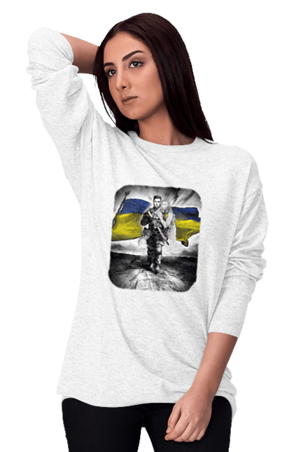 Світшот жіночий з принтом "Захисник України". Дівчина, захисник, прапор, прапор україни, символіка, сиьволіка, україна. Milkstore
