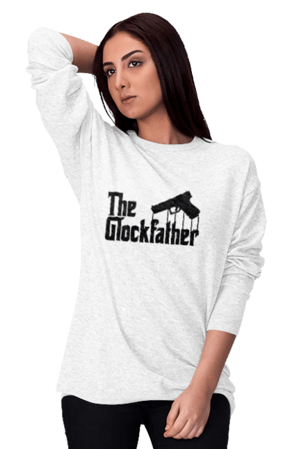 Світшот жіночий з принтом "The GlockFather". Gangster, glockfather, godfather, godfather reference, вогнепальна зброя, гангстер, глок, зброя, пістолет, пістолет. 2070702