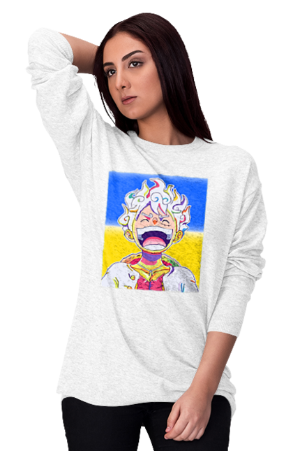 Свитшот женский с принтом Монки д Луффи смеется на желтом синем фоне.. Ван пис, луффи, монки д. луффи, символ украины, украина, флаг украины. 2070702