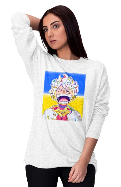 Monkey D Luffy laughing on a yellow blue background