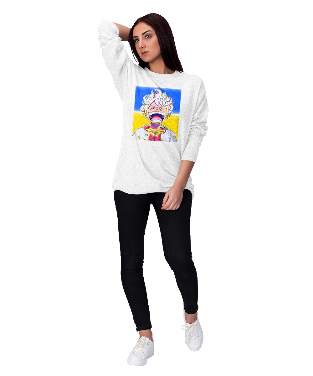 Monkey D Luffy laughing on a yellow blue background