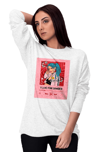 Women`s sweatshirt with prints I Live For Danger. Anime, music, pistol, turntable. 2070702