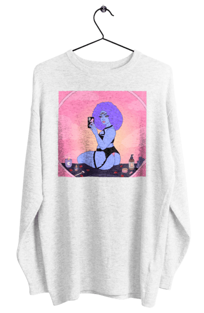 Women`s sweatshirt with prints Purple Girl Photo In The Mirror. Mirror, whiteness. 2070702