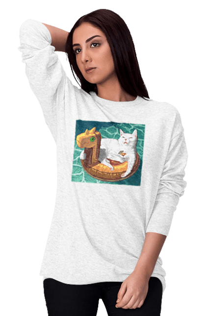 Світшот жіночий з принтом "Білий кіт у плавальному колі, на відпочинку". Басейн, відпочинок, кіт, коктейль, море, плавальний круг. 2070702