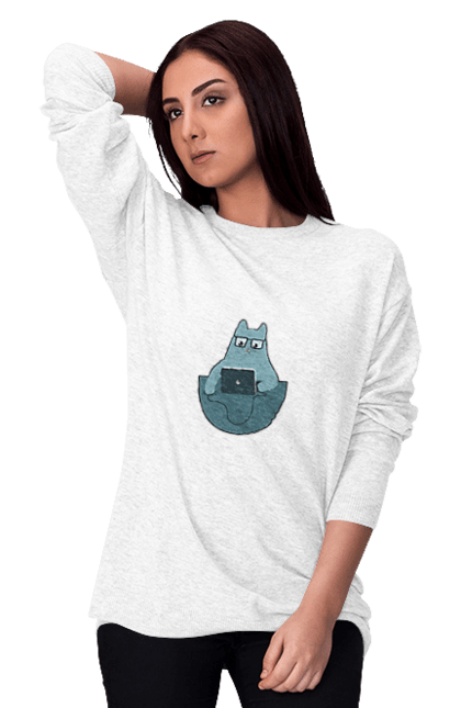 Світшот жіночий з принтом "Кіт програміст". Angular, c, css, html, it, javascript, jquery, php, python, react, svelt, vue, айтишник, айті, гумор, код, кодувати, прогер, програміст, програмісти, ти ж, ти ж програміст, тиж програміст. 2070702