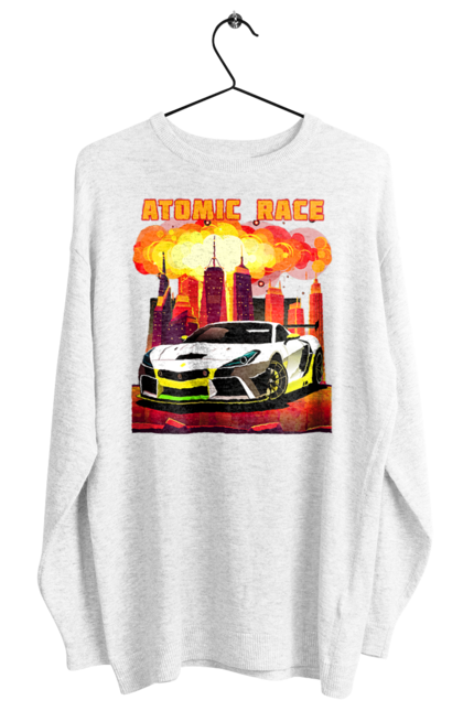 Світшот жіночий з принтом "Атомна гонка". Авто, автомобіль, атомні перегони, гонки, гоночні машини, спортивна машина, спорткар. 2070702