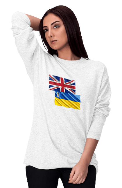 Women`s sweatshirt with prints Flag United Kingdom, Flag Ukraine, Support Ukraine. Flag united, flag united kingdom, global peace, great britain, kiev, national colors, national team, peace for ukraine, proud grandpa, support ukraine, ukraine, ukraine flag, ukraine war, united kingdom, war, zelensky. 2070702
