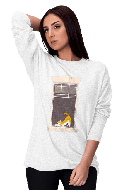 Світшот жіночий з принтом "Кіт В Вікні". Вікно, кіт, потягушки, рудий. 2070702