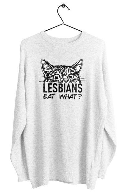 Світшот жіночий з принтом "Lesbians eat what?". Гумор, котики, лгбт, лесбіянки, приколи, смішні написи. 2070702