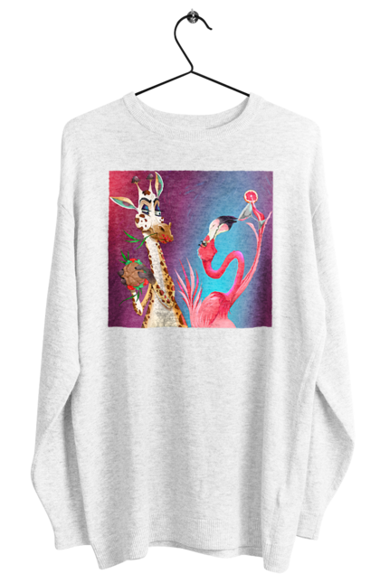 Світшот жіночий з принтом "Жираф І Фламінго На Вечірці". Жираф, їжа, коктейль, фламінго. 2070702