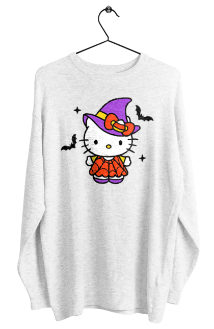 Свитшот женский с принтом Хелло Китти Хэллоуин. Halloween, hello kitty, witch, бренд, ведьма, кот, котенок, персонаж, хелло китти, хэллоуин. 2070702