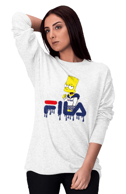 Свитшот женский с принтом Барт FILA. Bart, simpsons, барт, мультфильм, симпсоны, спорт, спортивная одежда. 2070702