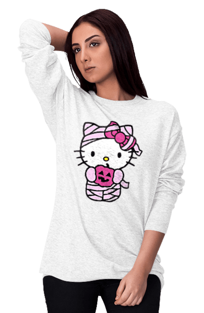 Світшот жіночий з принтом "Хелло Кітті Хелловін". Halloween, hello kitty, mummy, бренд, кіт, кошеня, мумія, персонаж, хелло кітті, хелловін. 2070702