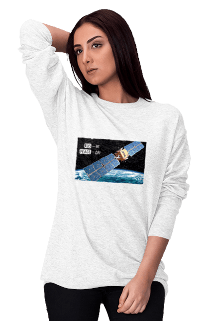 Світшот жіночий з принтом "Комсос за донати". Війна, допомога армії, карти, космос, переможемо, притула, русні пизда, супутник за донати, фантастика. 2070702