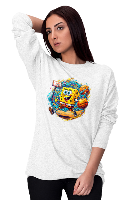 Women's sweatshirt with prints SpongeBob. Animated series, ball, basketball, cartoon, spongebob, spongebob squarepants, sport. 2070702