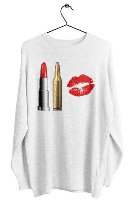 Світшот жіночий з принтом "Жіноча Зброя". Амуніції, боєприпаси, відбиток, відбиток помади, губи, гумор, дівчина, жарт, жінка, зброю, комплект, озброєння, патрон, патрони, помада, поцілунок, припаси, слід, червоний, юмор. ART принт на футболках